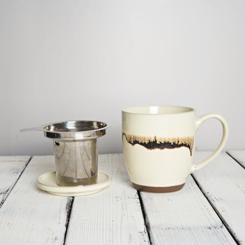 Bosmarlin Ceramic Tea Cup with Infuser and Lid, 16 Oz, Loose Leaf Tea Steeper Mug with Strainer, Microwave and Dishwasher Safe, Reactive Glaze (16 Oz, Beige)