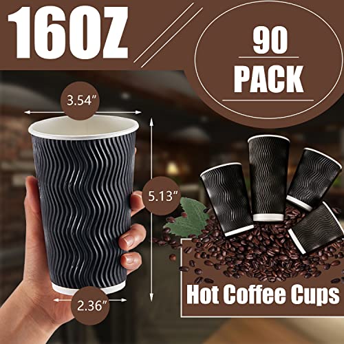Lamosi 16 oz Coffee Cups - 90 Pack, Disposable Insulated Corrugated Paper Cups 16oz, Kraft Ripple Wall Cups for Hot Beverage or Cold Drinks (Black)