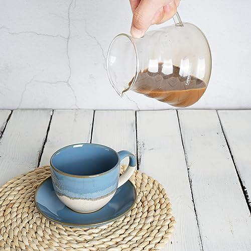 Bosmarlin Ceramic Cappuccino Cup and Saucer Set of 2, 10 Oz, Coffee Cups for Latte, Espresso, Tea, Dishwasher and Microwave Safe (Blue)