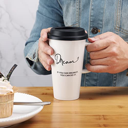 Buyajuju Travel Mug with Handle and Silicone Lid in Gift Box, Porcelain, Cup Holder Friendly, 16oz Tall Coffee Travel Mug Tumbler for Tea, Latte and Hot Chocolate On the Go, Labelled “Dream”