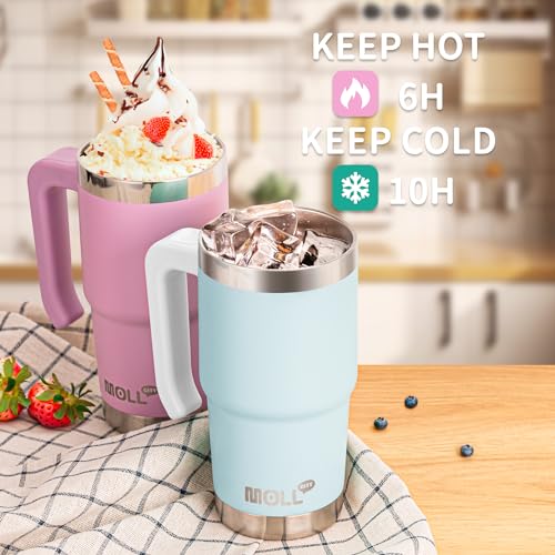 Mollcity Travel Coffee Mug with Handle 16 oz Stainless Steel Double Wall Vacuum Insulated Tumbler Cup with Lid and Straw (Baby Blue)