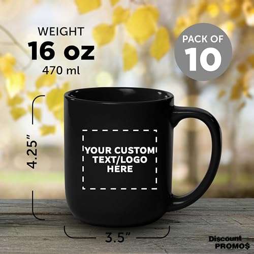 DISCOUNT PROMOS Custom Vibrant Color Glossy Ceramic Mugs 16 oz. Set of 10, Personalized Bulk Pack - Perfect for Tea, Espresso, Cappuccino, Hot Cocoa - Black