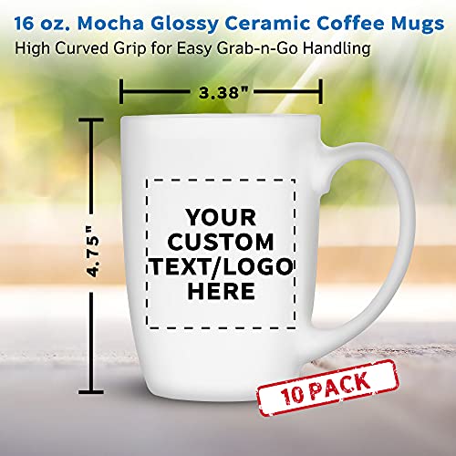 DISCOUNT PROMOS 10 Large Mocha Glossy Ceramic Coffee Mugs Set, 16 oz. - Customizable Text, Logo - Stoneware, Smooth, Durable, C-handle - White