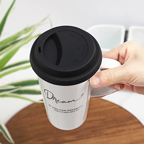 Buyajuju Travel Mug with Handle and Silicone Lid in Gift Box, Porcelain, Cup Holder Friendly, 16oz Tall Coffee Travel Mug Tumbler for Tea, Latte and Hot Chocolate On the Go, Labelled “Dream”