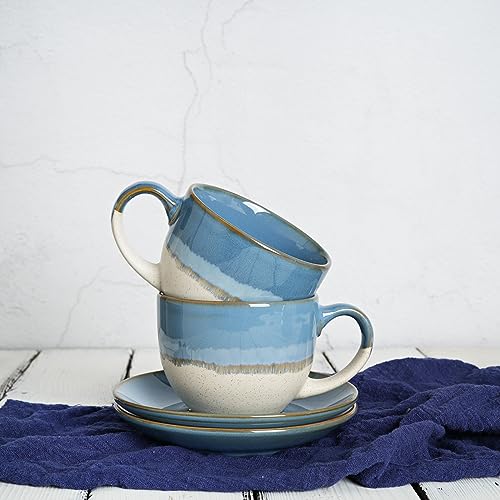 Bosmarlin Ceramic Cappuccino Cup and Saucer Set of 2, 10 Oz, Coffee Cups for Latte, Espresso, Tea, Dishwasher and Microwave Safe (Blue)