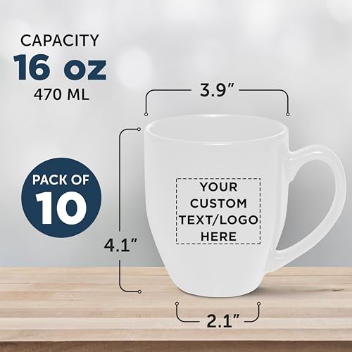 Custom Large Coffee Cups 16 oz. Set of 10, Personalized Bulk Pack - Perfect for Tea, Espresso, Cappuccino, Hot Cocoa - White