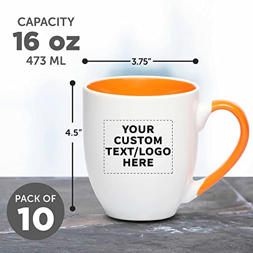 Custom Bistro Style Large Coffee Mugs 16 oz. Set of 10, Personalized Bulk Pack - Perfect for Coffee, Tea, Espresso, Hot Cocoa, Other Beverages - Orange