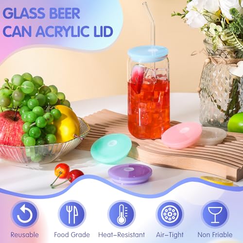 Honeydak 10 Pack Acrylic Glass Cups Lids 16 oz Mason Jars Lids with Straw Hole and Silicone Ring Reusable Replace Bamboo Lids Iced Coffee Cup Beer Can for Smoothie Boba Soda Tea Gift, Candy Color