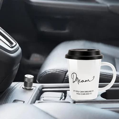 Buyajuju Travel Mug with Handle and Silicone Lid in Gift Box, Porcelain, Cup Holder Friendly, 16oz Tall Coffee Travel Mug Tumbler for Tea, Latte and Hot Chocolate On the Go, Labelled “Dream”