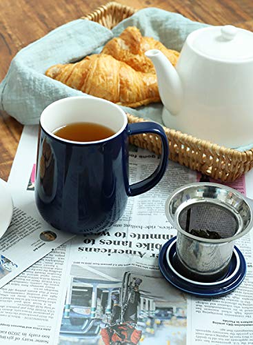 Sweese 20oz Porcelain Teacup with Infuser and Lid, Large Tea Mug for Loose Tea - Microwave and Dishwasher Safe, Insulated, Modern Design for Tea Lovers