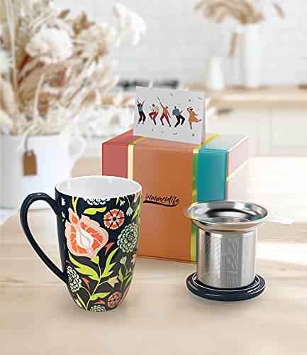 immaculife Tea Cup with Infuser and Lid Tea Mug with Lid Teaware with Filter Large Capacity 16OZ, Navy blue