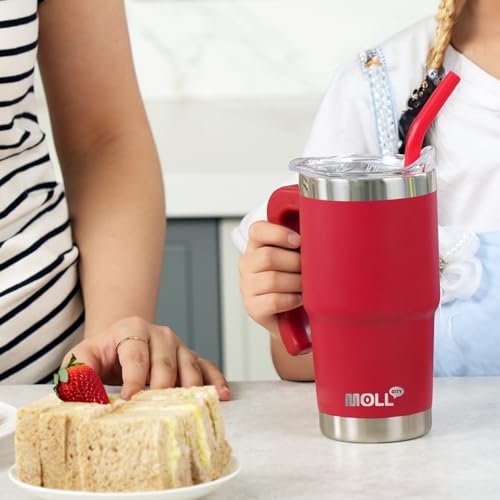 Mollcity Travel Coffee Mug with Handle 16 oz Stainless Steel Double Wall Vacuum Insulated Tumbler Cup with Lid and Straw (Baby Blue)