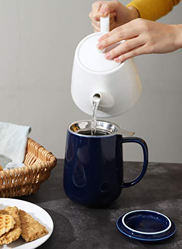 Sweese 20oz Porcelain Teacup with Infuser and Lid, Large Tea Mug for Loose Tea - Microwave and Dishwasher Safe, Insulated, Modern Design for Tea Lovers