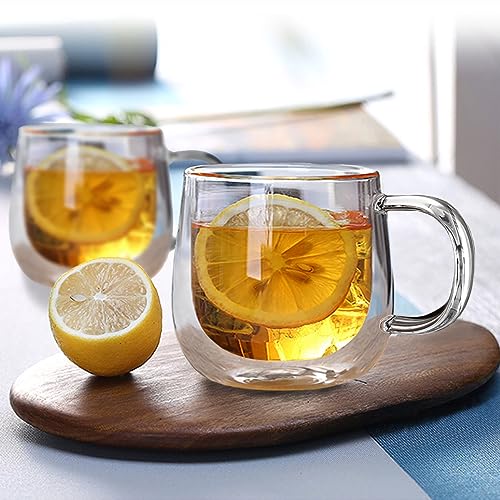 BNUNWISH Double Wall Glass Coffee Mugs 16oz Set of 2 Insulated Clear Tea Cups with Handle, Perfect for Espresso, Latte and Cappuccinos