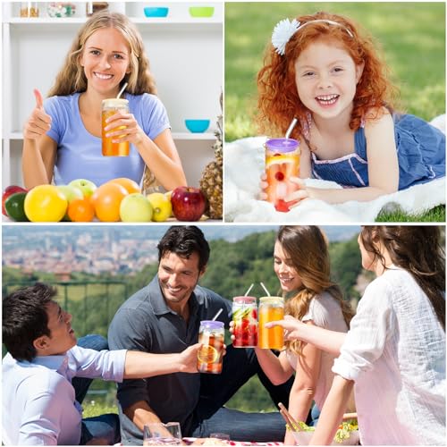 Honeydak 10 Pack Acrylic Glass Cups Lids 16 oz Mason Jars Lids with Straw Hole and Silicone Ring Reusable Replace Bamboo Lids Iced Coffee Cup Beer Can for Smoothie Boba Soda Tea Gift, Candy Color