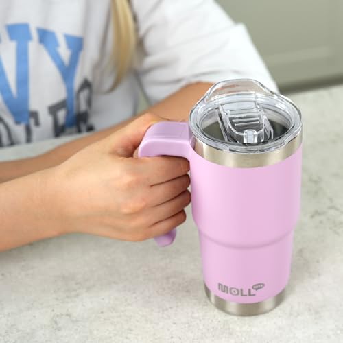 Mollcity Travel Coffee Mug with Handle 16 oz Stainless Steel Double Wall Vacuum Insulated Tumbler Cup with Lid and Straw (Baby Blue)