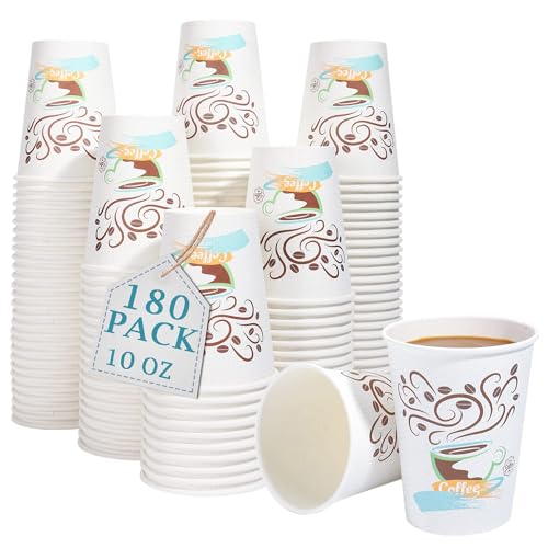 Lamosi 10OZ Coffee Cups 180 Pack, 10 OZ Disposable Coffee Cups, 10 Ounce Paper Cups, 10 Ounce Disposable Cups for Drinks and Water, Hot Insulated Cups for Cafe, Restaurant, Office and Home (No Lid)