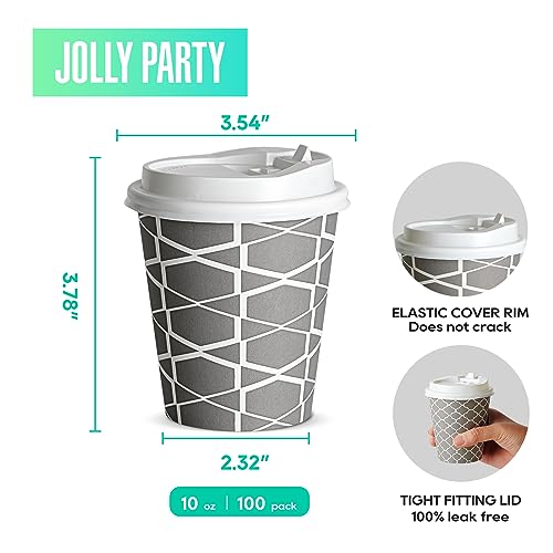 JOLLY PARTY Disposable Coffee Cups with Lids -10 oz (100 Sets) To Go Coffee Cups, Paper Coffee Cups for Beverages Espresso Tea, Suitable for Cafes,Offices and Home