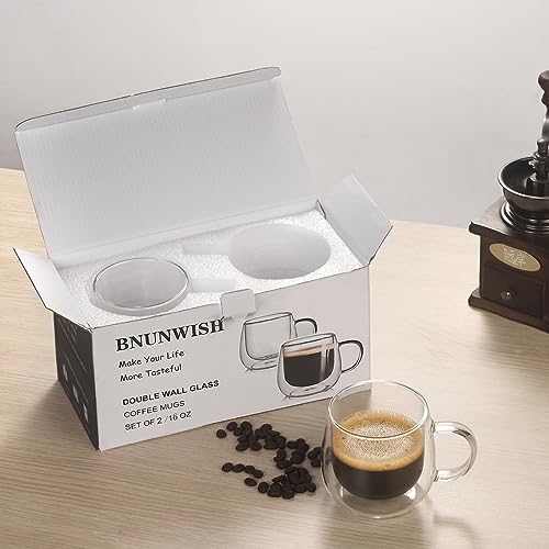 BNUNWISH Double Wall Glass Coffee Mugs 16oz Set of 2 Insulated Clear Tea Cups with Handle, Perfect for Espresso, Latte and Cappuccinos