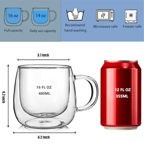 BNUNWISH Double Wall Glass Coffee Mugs 16oz Set of 2 Insulated Clear Tea Cups with Handle, Perfect for Espresso, Latte and Cappuccinos