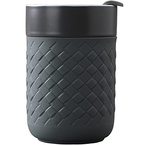 Ceramic Coffee Mug, Reusable Insulated Coffee Cups with Lids, To Go Mug Cute Travel Mugs Protective Silicone Sleeve, 10 Ounces, for Coffee Tea Portable Office or Home Cups Dishwasher Safe (Dark gray)