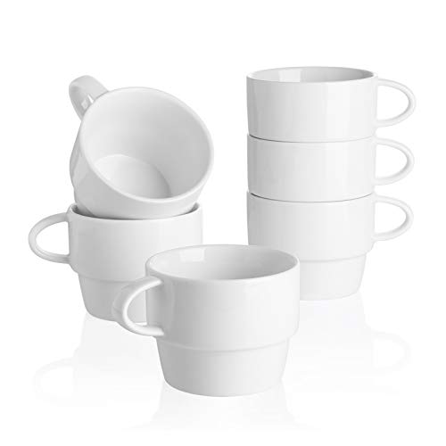 Sweese Porcelain Latte Cups - Stackable Coffee Cups - 10 Ounce for Specialty Coffee Drinks, Cappuccino, Mocha and Tea - Set of 6 - White