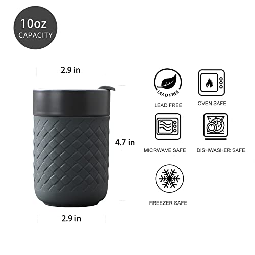 Ceramic Coffee Mug, Reusable Insulated Coffee Cups with Lids, To Go Mug Cute Travel Mugs Protective Silicone Sleeve, 10 Ounces, for Coffee Tea Portable Office or Home Cups Dishwasher Safe (Dark gray)