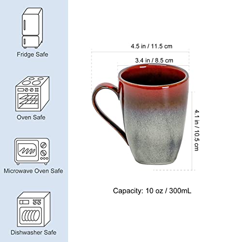 Coffee Mugs Set of 4 - Ceramic Cups 10 Oz with Large Handle for Coffee, Soup, Tea, Milk, Latte and Cocoa, Mug Gift Set Microwave & Oven, Dishwasher Safe - Red