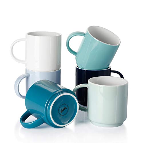 Sweese Stackable Coffee Mugs - 10 Oz Porcelain Cups for Specialty Coffee Drinks, Cappuccino, Cafe Mocha, Latte and tea, Set of 6, Cool Assorted Colors