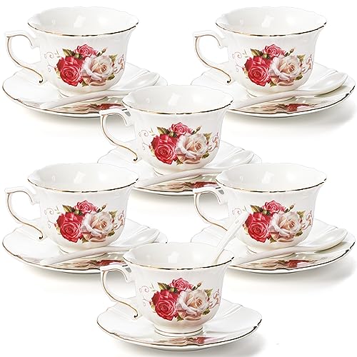 Foraineam Tea Cup and Saucer Set of 6, Porcelain Ivory Rose Tea Cups with Saucers and Spoons, 6 oz Floral Coffee Cup Set with Gold Trim, Latte Cups and Espresso Mug for Tea, Latte and Coffee Drinks