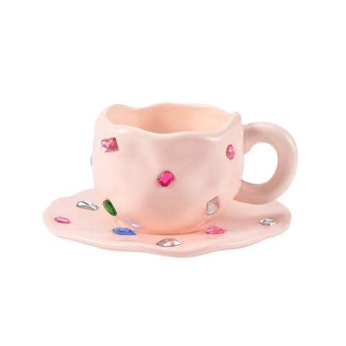 Koythin Ceramic Coffee Mug with Saucer Set, Novelty Cute Cup with Gemstone, Latte Art Creative Cup Unique Irregular Design, 10oz/300ml for Latte Tea Milk,Mothers Day Gifts (Pink)