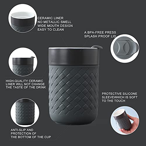 Ceramic Coffee Mug, Reusable Insulated Coffee Cups with Lids, To Go Mug Cute Travel Mugs Protective Silicone Sleeve, 10 Ounces, for Coffee Tea Portable Office or Home Cups Dishwasher Safe (Dark gray)