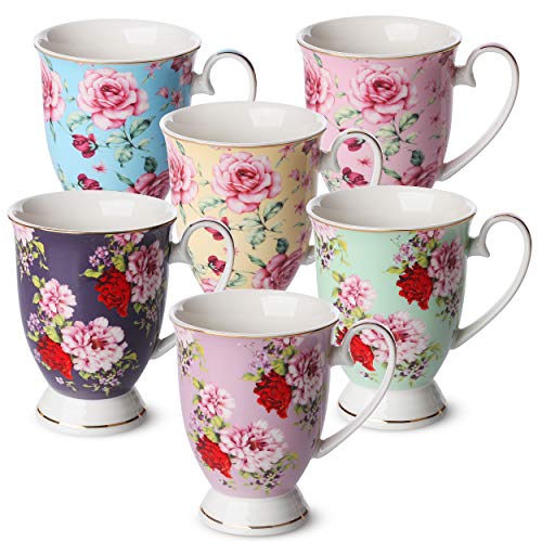 BTaT- Coffee Mugs, 12 oz, Set of 6, Floral Mugs, Porcelain Bone China, Tea Mug, Coffee Cups, Coffee Mug Set, Large Coffee Mugs, Coffee Cups Set, Mugs for Coffee, Tea Cups, Tea Mugs