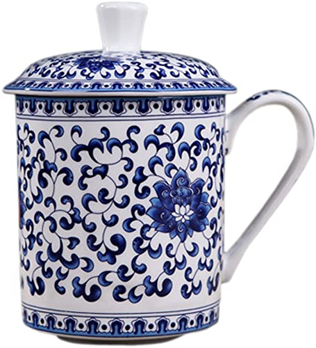 BandTie Convenient Travel Home Office Chinese Gongfu Loose Leaf Tea/Coffee Brewing System- Bone China Porcelain Cup / Mug with Lid, Blue Flowers