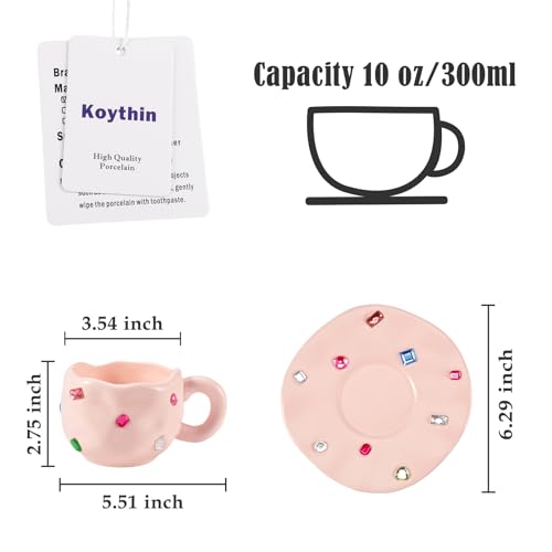 Koythin Ceramic Coffee Mug with Saucer Set, Novelty Cute Cup with Gemstone, Latte Art Creative Cup Unique Irregular Design, 10oz/300ml for Latte Tea Milk,Mothers Day Gifts (Pink)