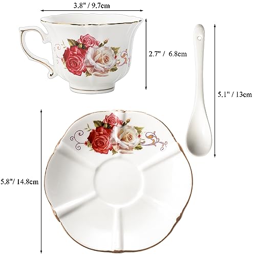 Foraineam Tea Cup and Saucer Set of 6, Porcelain Ivory Rose Tea Cups with Saucers and Spoons, 6 oz Floral Coffee Cup Set with Gold Trim, Latte Cups and Espresso Mug for Tea, Latte and Coffee Drinks