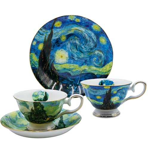 AOTELIDA Floral Tea Cups Saucers Set of 2, Bone China 7 oz British Teacups Porcelain Coffee Cup for Rose Tea Cappuccino Espresso Latte (Starry Sky & Wheat Field)