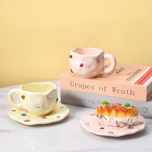Koythin Ceramic Coffee Mug with Saucer Set, Novelty Cute Cup with Gemstone, Latte Art Creative Cup Unique Irregular Design, 10oz/300ml for Latte Tea Milk,Mothers Day Gifts (Pink)