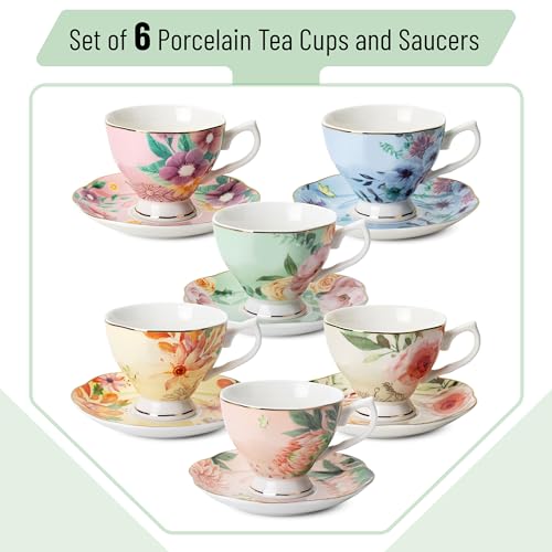 BTaT- Tea Cups and Saucers Set of 6, Tea Set, Floral Tea Cups (8oz), Porcelain Tea Cups for Tea Party, Rose Teacups, China Tea Cups, Tea Cup and Saucer Set, Porcelain Tea Set, (Bone China)