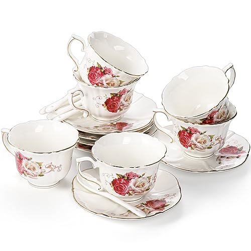 Foraineam Tea Cup and Saucer Set of 6, Porcelain Ivory Rose Tea Cups with Saucers and Spoons, 6 oz Floral Coffee Cup Set with Gold Trim, Latte Cups and Espresso Mug for Tea, Latte and Coffee Drinks