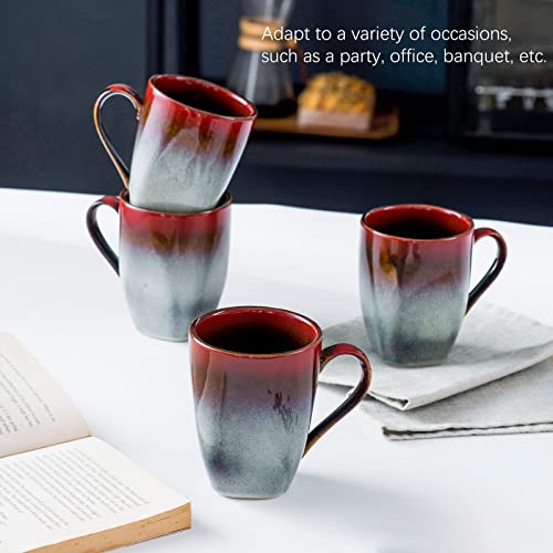 Coffee Mugs Set of 4 - Ceramic Cups 10 Oz with Large Handle for Coffee, Soup, Tea, Milk, Latte and Cocoa, Mug Gift Set Microwave & Oven, Dishwasher Safe - Red