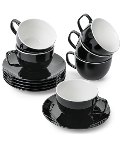 BTaT- Tea Cups and Saucers, 6oz, Tea Cups Set of 6, Porcelain Tea Cups, Black Cup & Saucer Sets, Tea Cup Set of 6, Tea Cup Sets for Adults, Bulk Tea Cups and Saucers Set of 6, Tea Cups and Sets