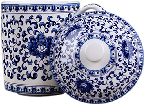 BandTie Convenient Travel Home Office Chinese Gongfu Loose Leaf Tea/Coffee Brewing System- Bone China Porcelain Cup / Mug with Lid, Blue Flowers