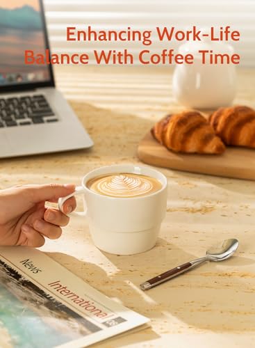 Sweese Porcelain Latte Cups - Stackable Coffee Cups - 10 Ounce for Specialty Coffee Drinks, Cappuccino, Mocha and Tea - Set of 6 - White