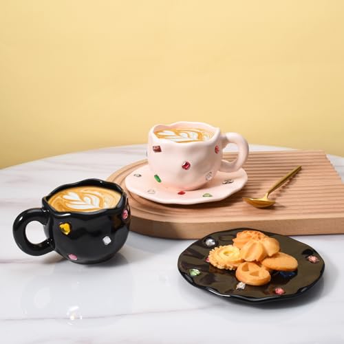 Koythin Ceramic Coffee Mug with Saucer Set, Novelty Cute Cup with Gemstone, Latte Art Creative Cup Unique Irregular Design, 10oz/300ml for Latte Tea Milk,Mothers Day Gifts (Pink)