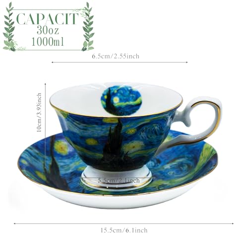 AOTELIDA Floral Tea Cups Saucers Set of 2, Bone China 7 oz British Teacups Porcelain Coffee Cup for Rose Tea Cappuccino Espresso Latte (Starry Sky & Wheat Field)