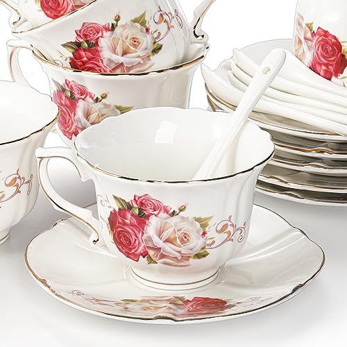 Foraineam Tea Cup and Saucer Set of 6, Porcelain Ivory Rose Tea Cups with Saucers and Spoons, 6 oz Floral Coffee Cup Set with Gold Trim, Latte Cups and Espresso Mug for Tea, Latte and Coffee Drinks