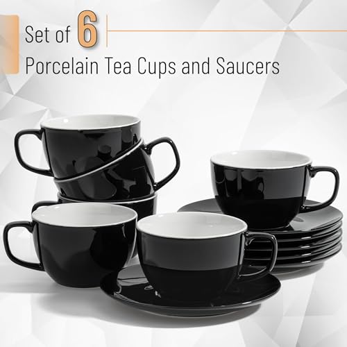 BTaT- Tea Cups and Saucers, 6oz, Tea Cups Set of 6, Porcelain Tea Cups, Black Cup & Saucer Sets, Tea Cup Set of 6, Tea Cup Sets for Adults, Bulk Tea Cups and Saucers Set of 6, Tea Cups and Sets