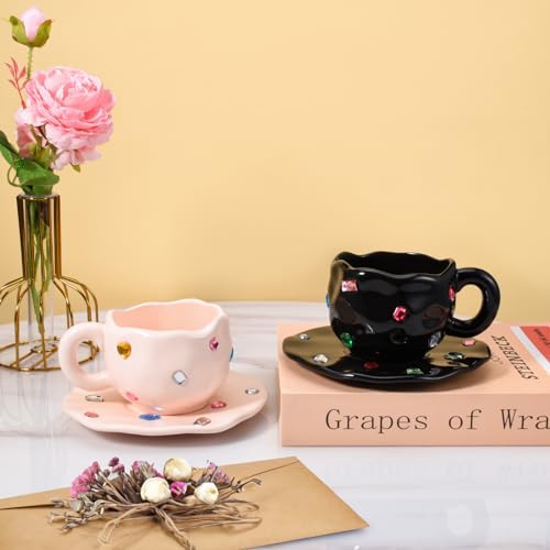 Koythin Ceramic Coffee Mug with Saucer Set, Novelty Cute Cup with Gemstone, Latte Art Creative Cup Unique Irregular Design, 10oz/300ml for Latte Tea Milk,Mothers Day Gifts (Pink)