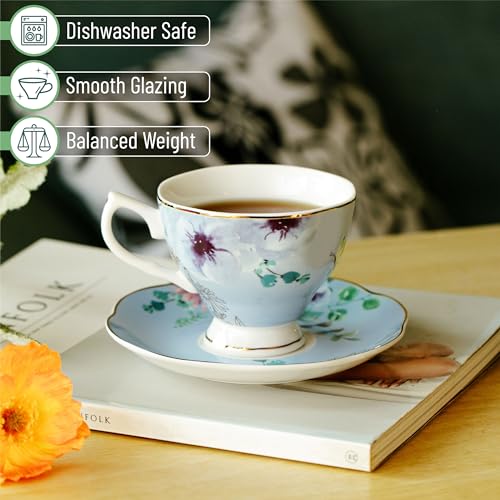 BTaT- Tea Cups and Saucers Set of 6, Tea Set, Floral Tea Cups (8oz), Porcelain Tea Cups for Tea Party, Rose Teacups, China Tea Cups, Tea Cup and Saucer Set, Porcelain Tea Set, (Bone China)